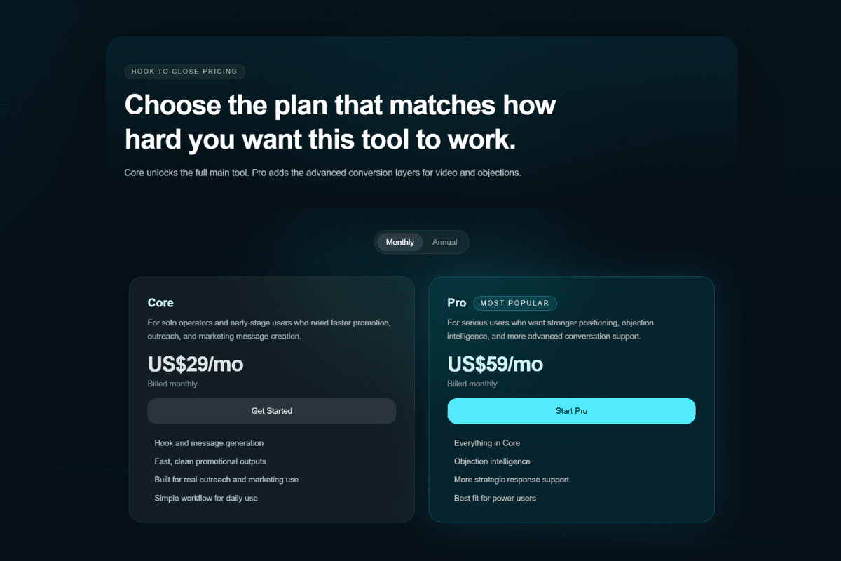 Hook to Close pricing and plan selection screen