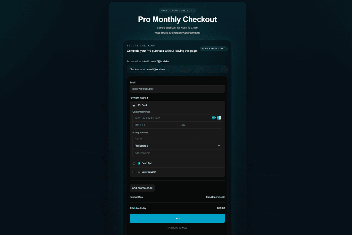 Hook to Close secure checkout screen